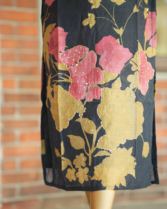 Golden Blossom Black Cotton Kurti