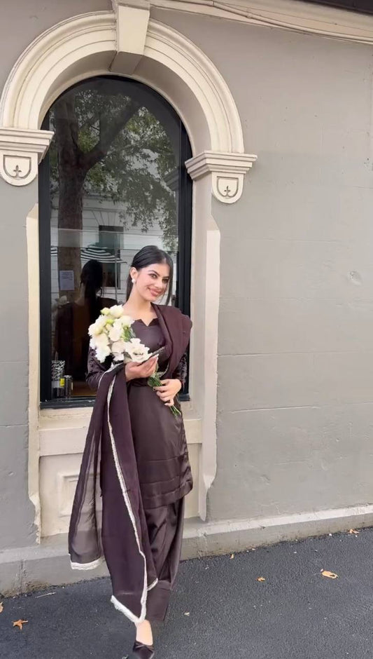 Brown Top-Bottom And Blooming Georgette Dupatta Suit