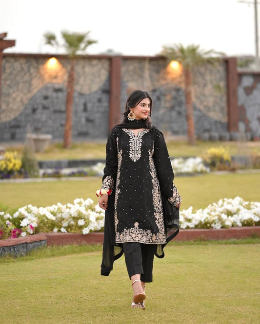 Black Suit Adorned with Golden Embroidery