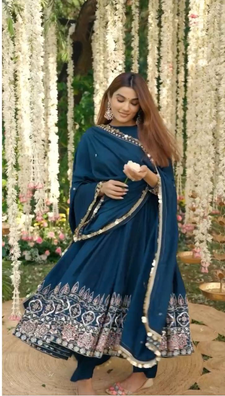 A Navy Ensemble Adorned with Floral Grace