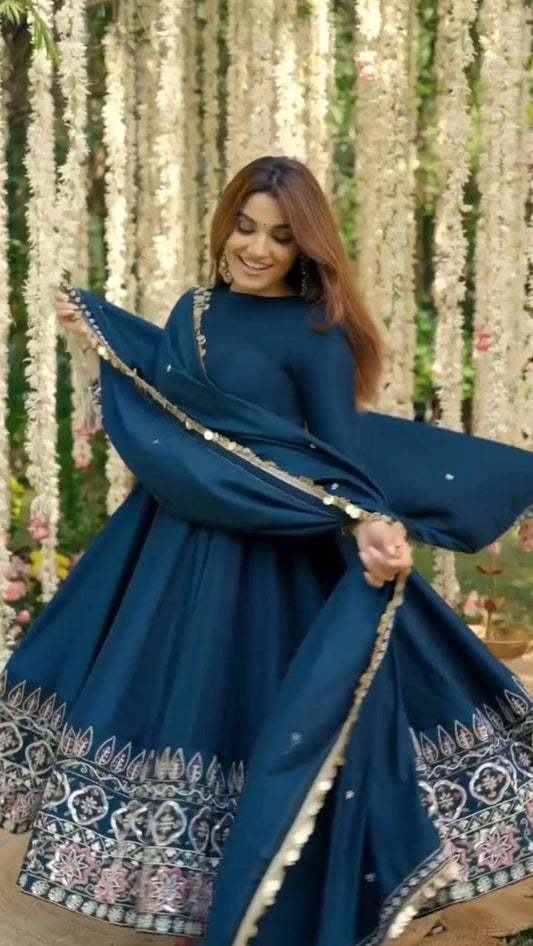 A Navy Ensemble Adorned with Floral Grace