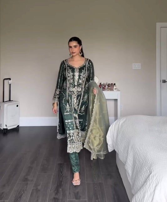 Deep Green Embroidered Straight Suit with Dupatta
