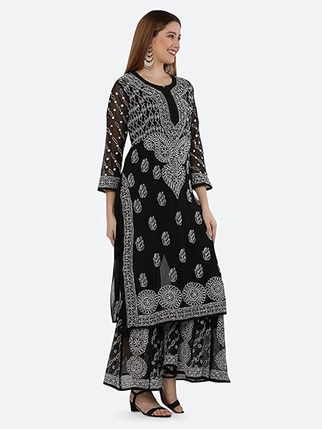 Premium Chiffon Georgette Chikankari Handwork Kurti with Sharara & Matching Cotton Inner Set