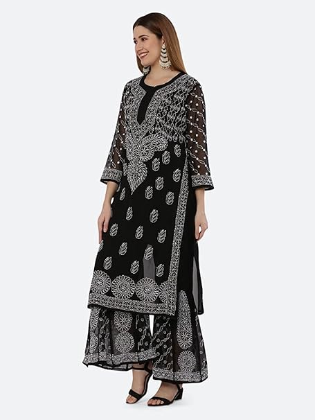 Premium Chiffon Georgette Chikankari Handwork Kurti with Sharara & Matching Cotton Inner Set