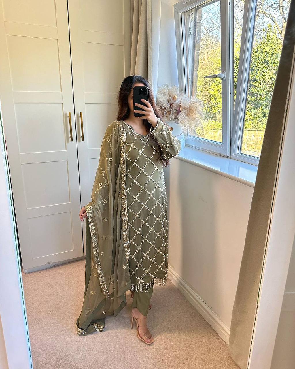 *DESIRABLE FANCY FAUX GEORGETTE SEQUENCE EMBROIDERED WORK TOP AND PENT WITH DUPATTA*