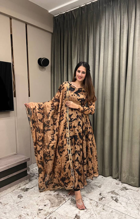 Coffee Printed Anarkali Gown With Pant & Dupatta Set