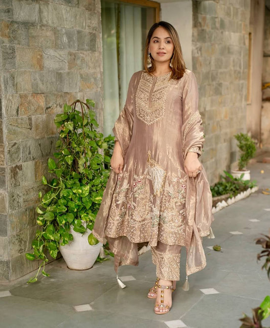 Beige Suit Adorned with Intricate Embroidery and Luxurious Gold