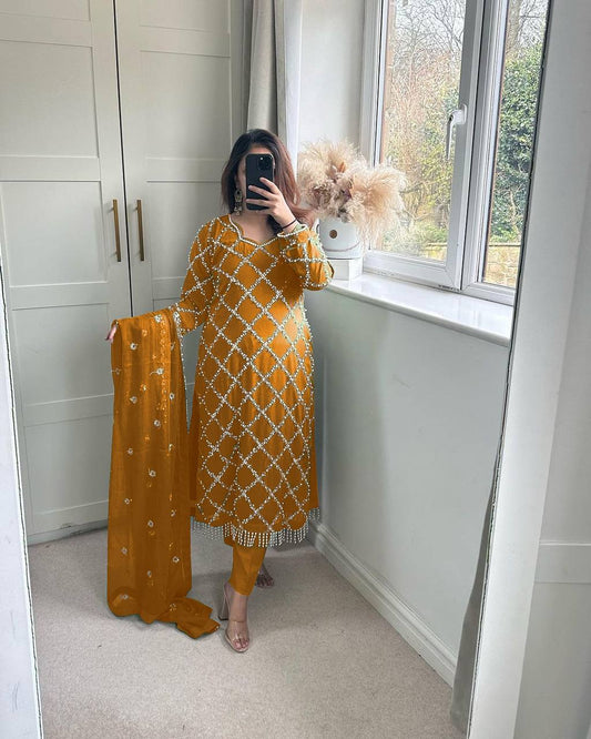 *DESIRABLE FANCY FAUX GEORGETTE SEQUENCE EMBROIDERED WORK TOP AND PENT WITH DUPATTA*