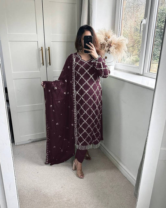 *DESIRABLE FANCY FAUX GEORGETTE SEQUENCE EMBROIDERED WORK TOP AND PENT WITH DUPATTA*