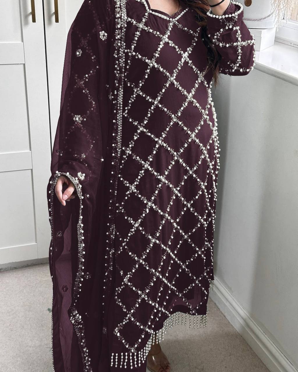 *DESIRABLE FANCY FAUX GEORGETTE SEQUENCE EMBROIDERED WORK TOP AND PENT WITH DUPATTA*