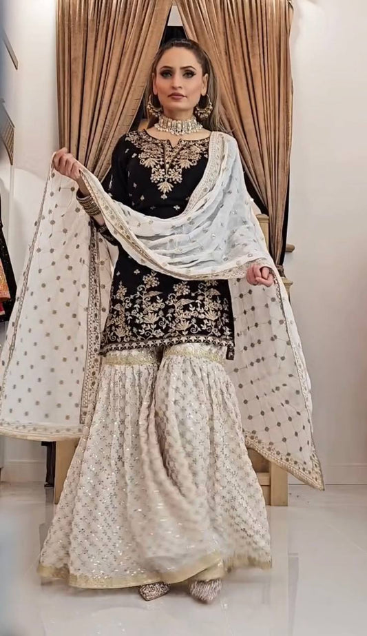 Black and Gold Sharara Set with Ivory Accents