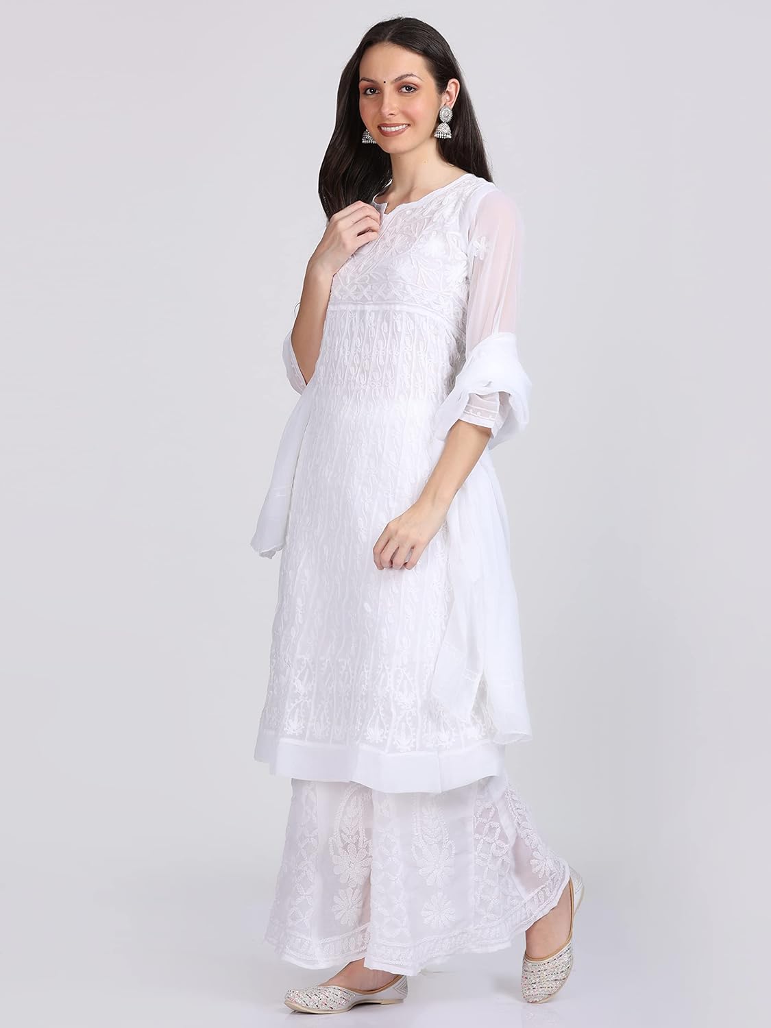 Faux Georgette Chikankari Flared Anarkali with Matching Dupatta & Cotton Inner