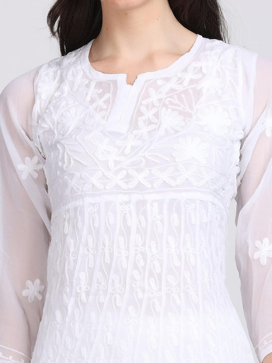 Faux Georgette Chikankari Flared Anarkali with Matching Dupatta & Cotton Inner