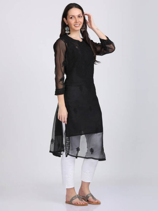 Women's Chiffon Georgette Chikankari Ton-to-Ton Kurti with Inner & White Lycra Pant Set
