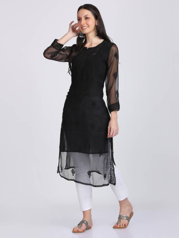 Women's Chiffon Georgette Chikankari Ton-to-Ton Kurti with Inner & White Lycra Pant Set