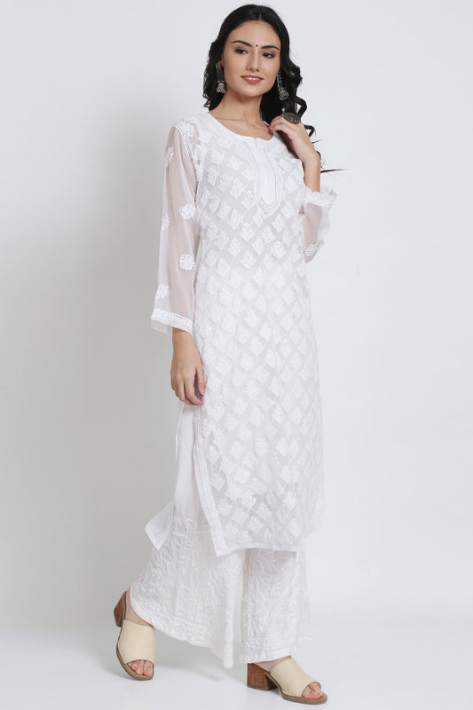 Chiffon Georgette White Chikankari Booti Jaal Kurti With Matching Cotton Inner