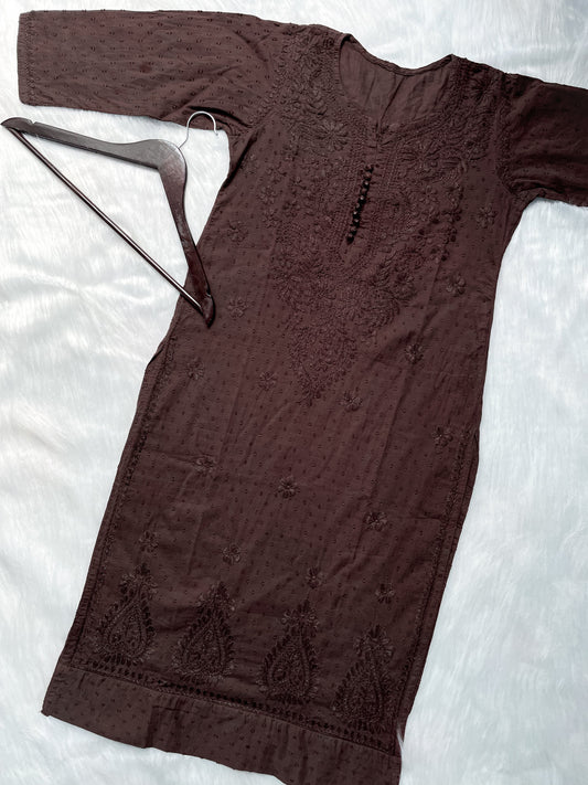 Handcrafted Dyed Lucknowi Chikankari Cotton Kurti, Palazzo & Dupatta Set