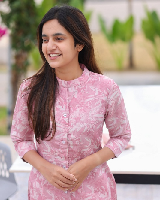 Diya Pink Rose Printed Cotton Kurtis