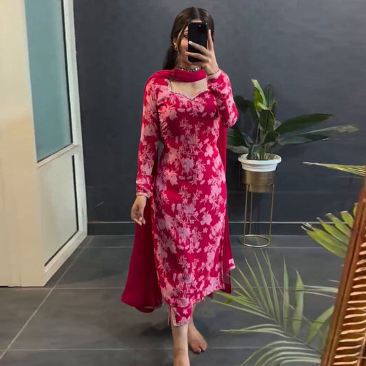 Special Pink Printed Cotton Blossom Kurti Set(3Pc)