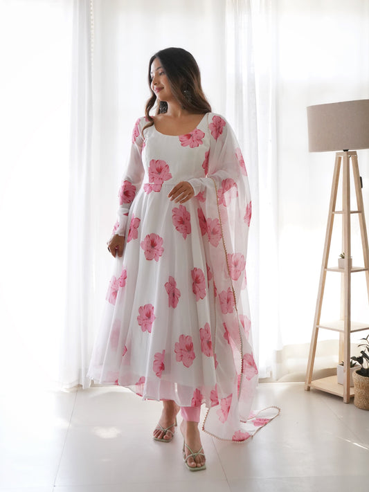 White Pink Flower Organza Printed Anarkali Kurti With Pant & Dupatta Set