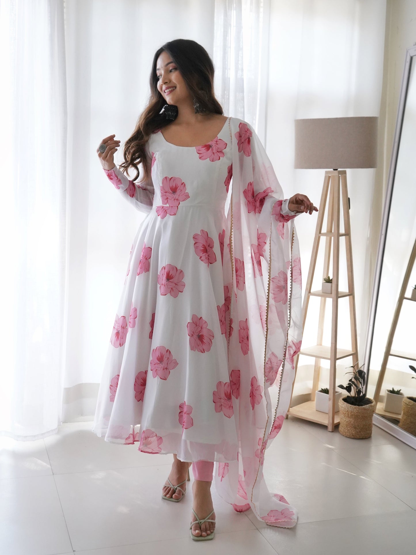 White Pink Flower Organza Printed Anarkali Kurti With Pant & Dupatta Set