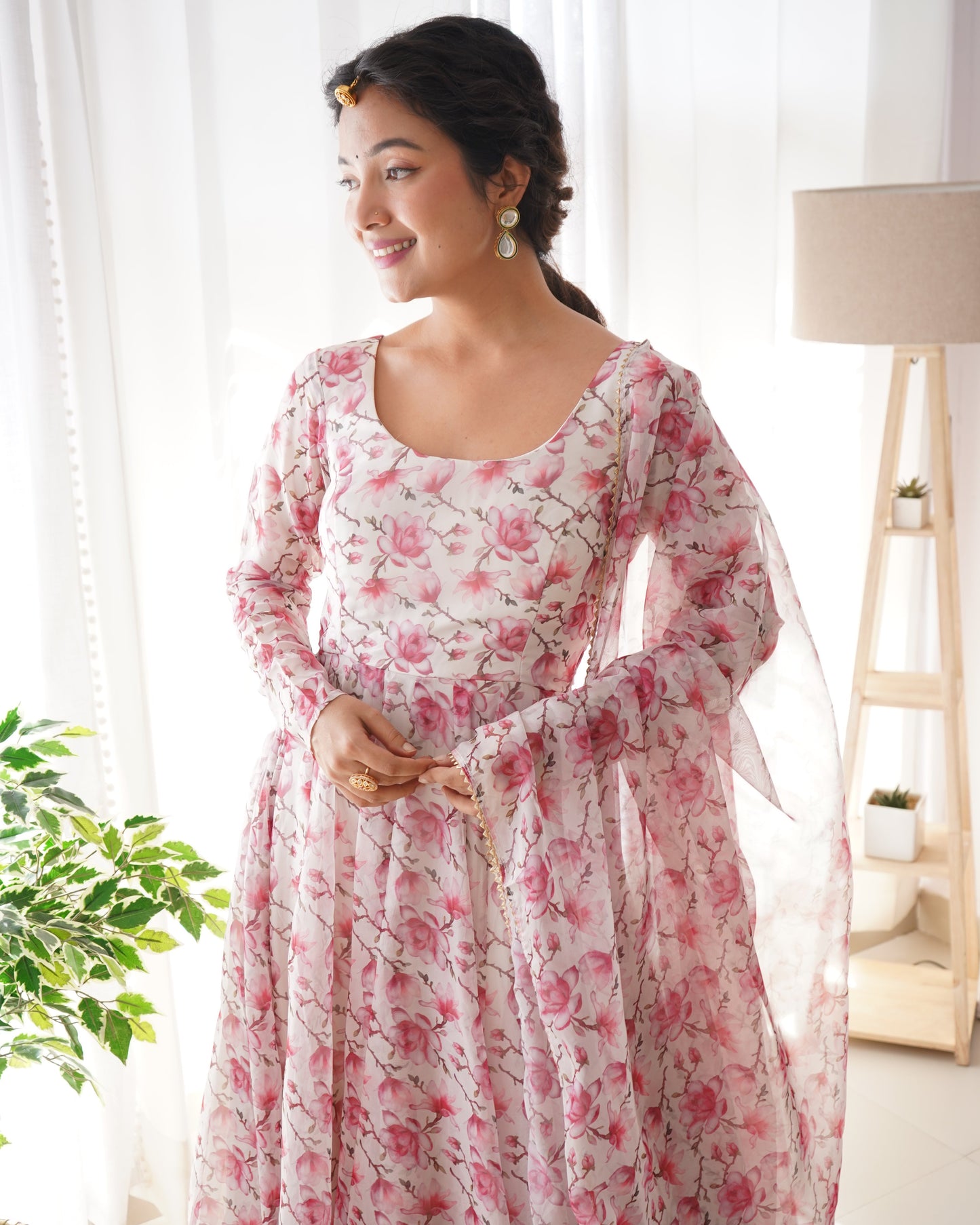 Pink Fulwari Organza Printed Anarkali Kurti With Pant & Dupatta Set