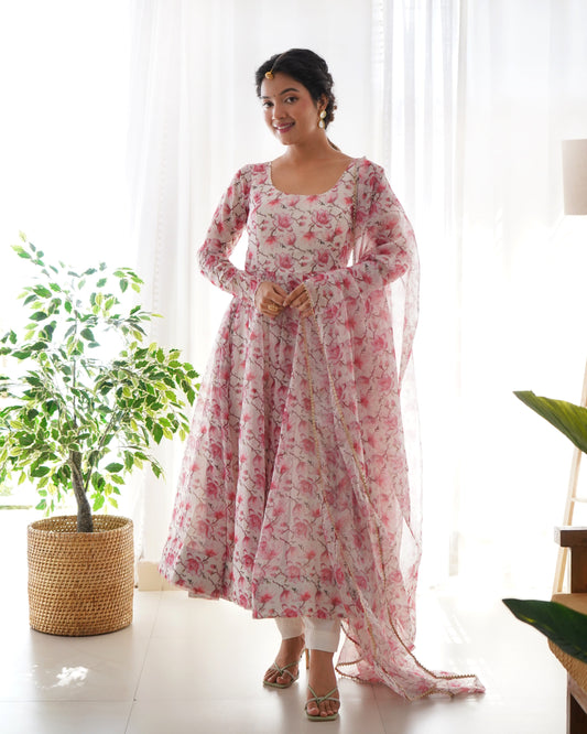 Pink Fulwari Organza Printed Anarkali Kurti With Pant & Dupatta Set