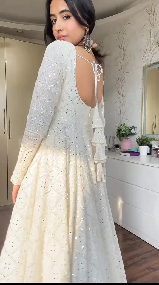 WHITE EMBROIDERED GEORGETTE ANARKALI FULLY STITCHED SUIT SET