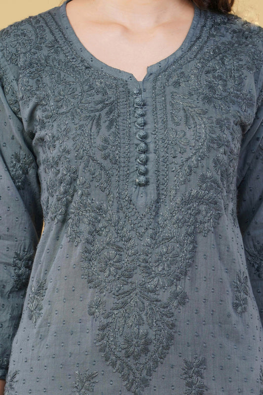 Dyed Cotton Chikankari Kurti & Lycra Pant Set, Pockets Both Side of the Pant