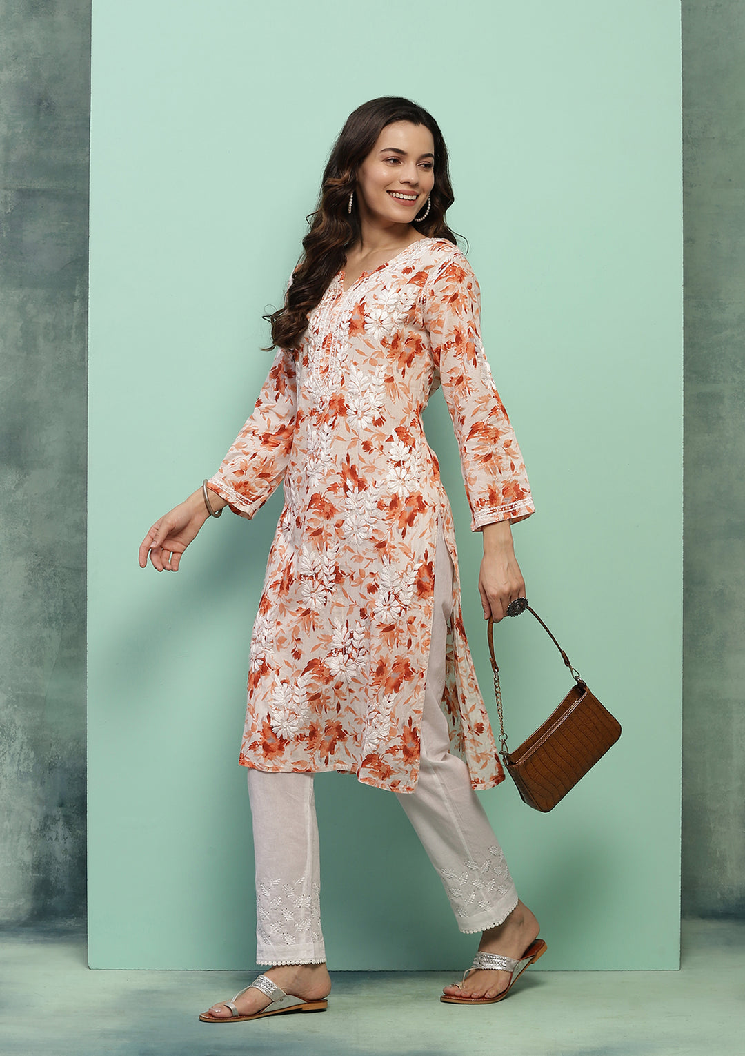 Women's Super Comfy Pure Mulmul Floral Print Lucknowi Chikankari Straight Long Kurti