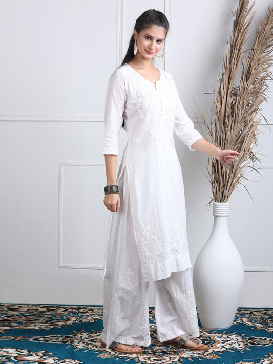 Women’s White Lucknowi Chikankari Cotton Kurti, Palazzo & Dupatta Set