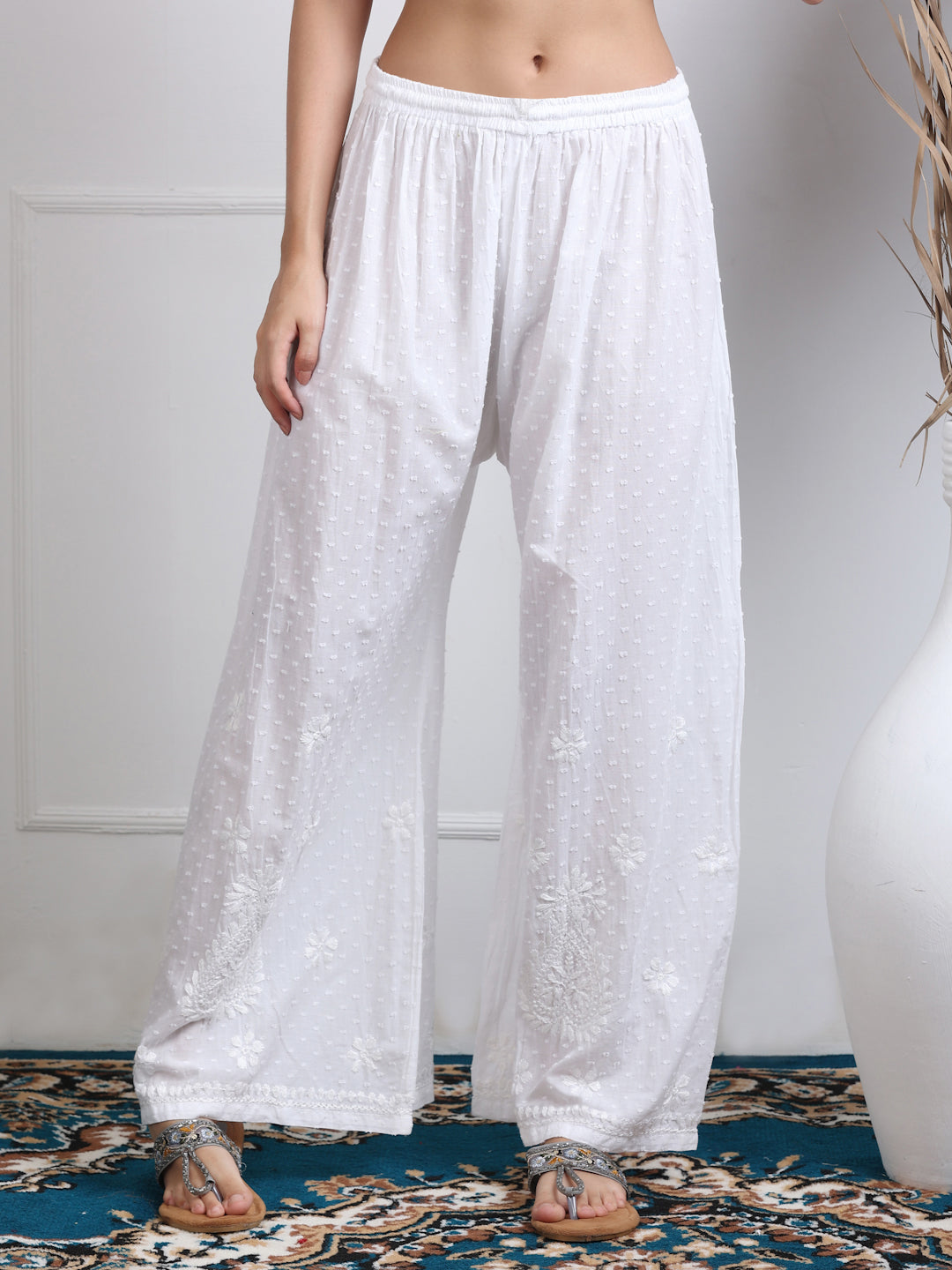 Women’s White Lucknowi Chikankari Cotton Kurti, Palazzo & Dupatta Set