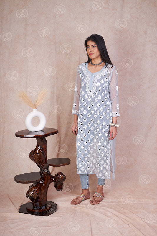 Georgette Chikankari Straight Kurti With Real Pasted Mirror Work & Matching Cotton Inner