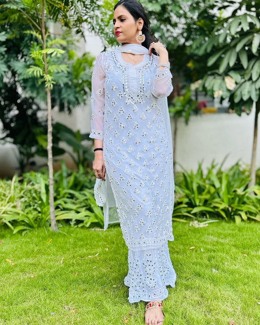 Premium Chiffon Georgette Real Pasted Mirror Work Kurti, Sharara & Dupatta Set With Matching Cotton Inner, 4-Piece Kurti Set