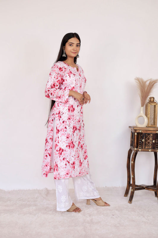 Women's Super Comfy Pure Mulmul Floral Print Lucknowi Chikankari Straight Long Kurti