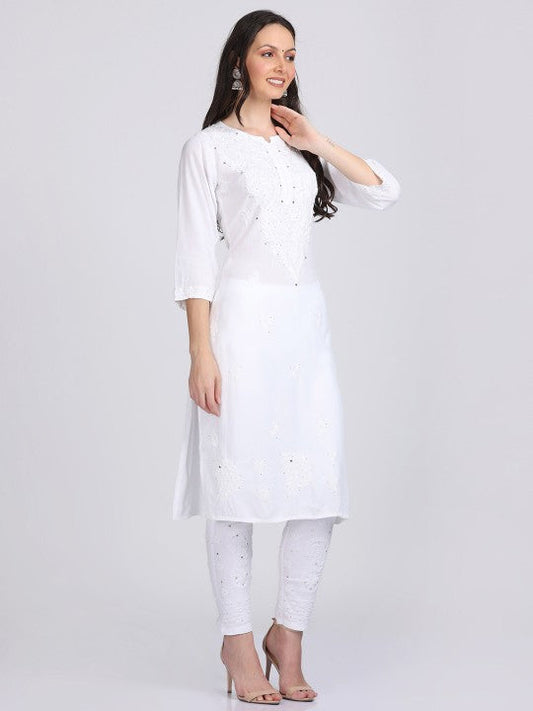 Super Comfy Rayon Chikankari Kurti with Muquesh Embellishments