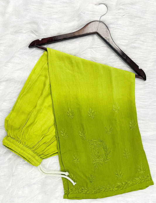 Ombre Dyed Shaded Rayon Lucknowi Chikankari Kurti, Palazzo and Dupatta Set.