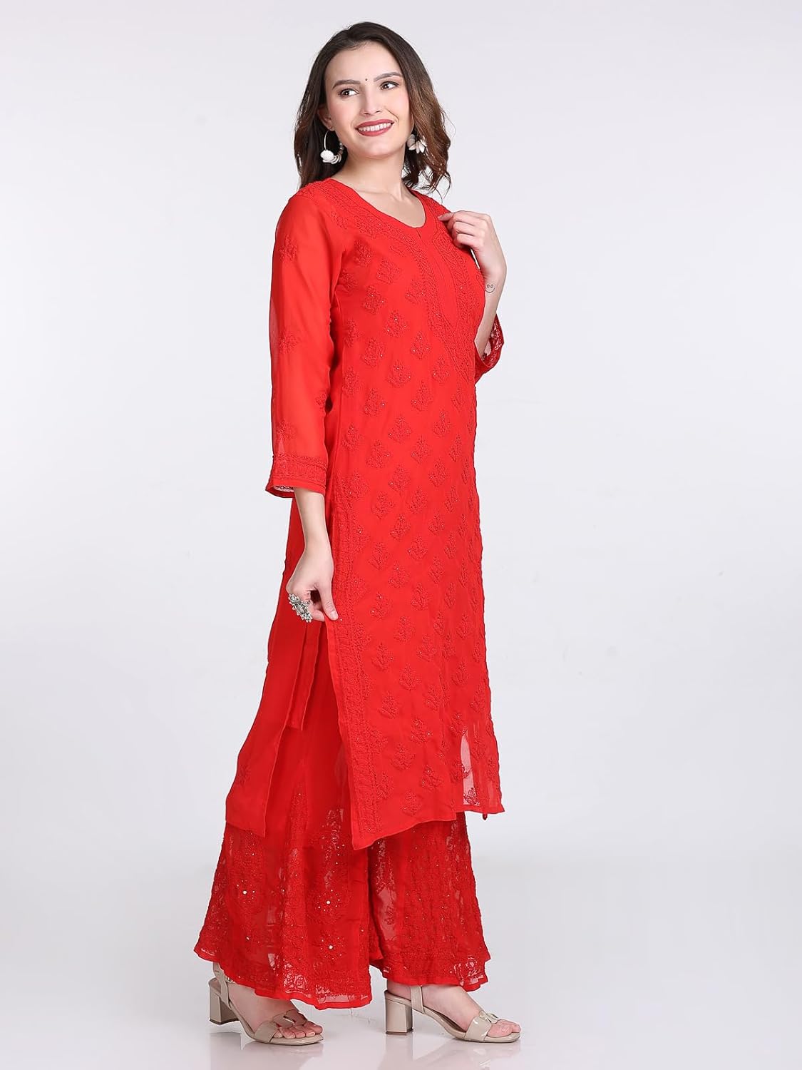 Chiffon Georgette Muquesh Embellishments Straight Kurta, Sharara & Dupatta Set With Matching Cotton inner