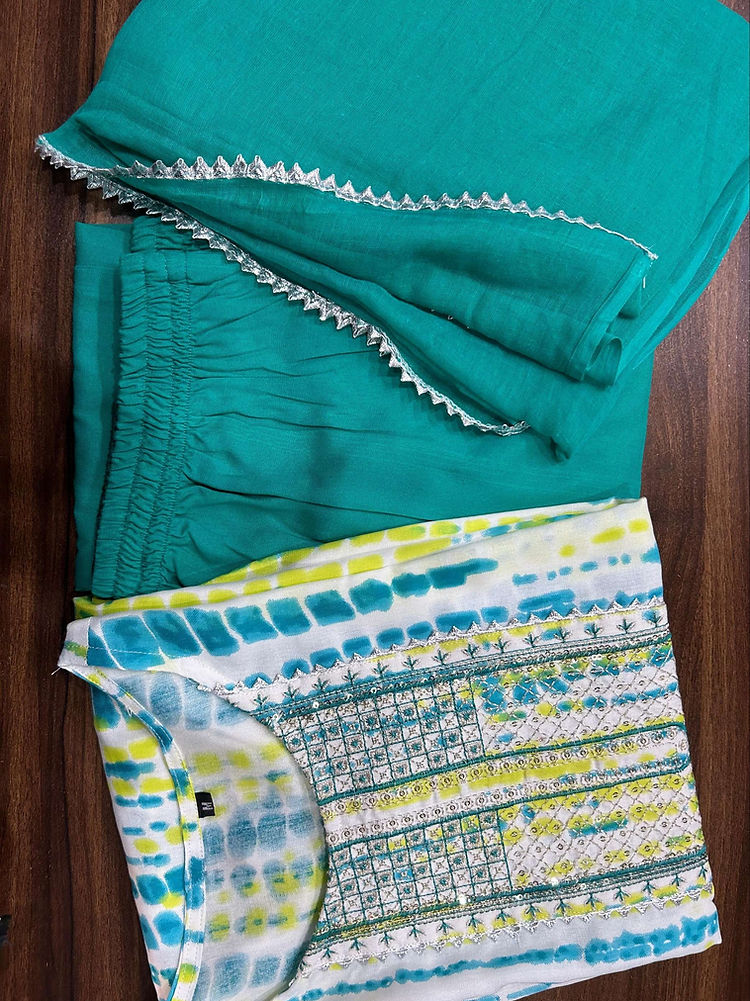 Women's Shibori Dyed Straight Fit Soft Cotton Kurti, Pant & Dupatta Set