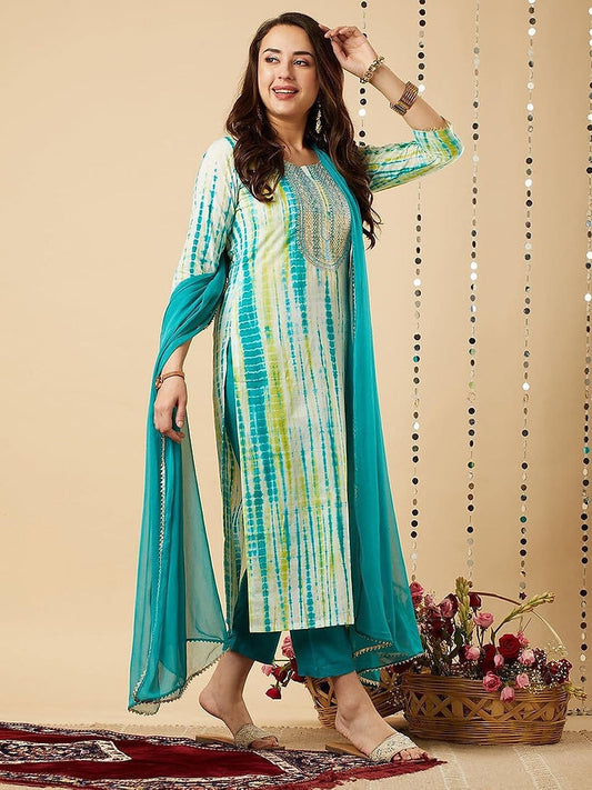 Women's Shibori Dyed Straight Fit Soft Cotton Kurti, Pant & Dupatta Set
