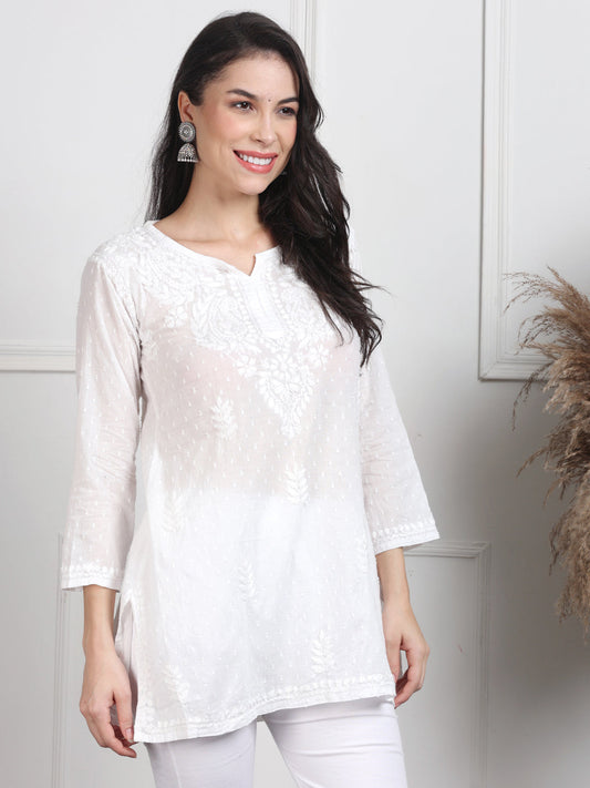 Women's White Lucknowi Chikankari Short Top – Pure Cotton Straight Short Kurti