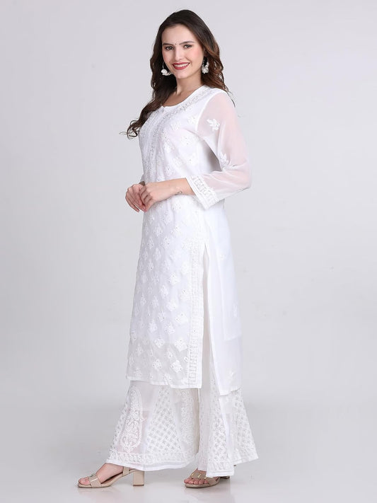 Chiffon Georgette Muquesh Work White Straight Kurta, Sharara & Dupatta Set With Cotton inner
