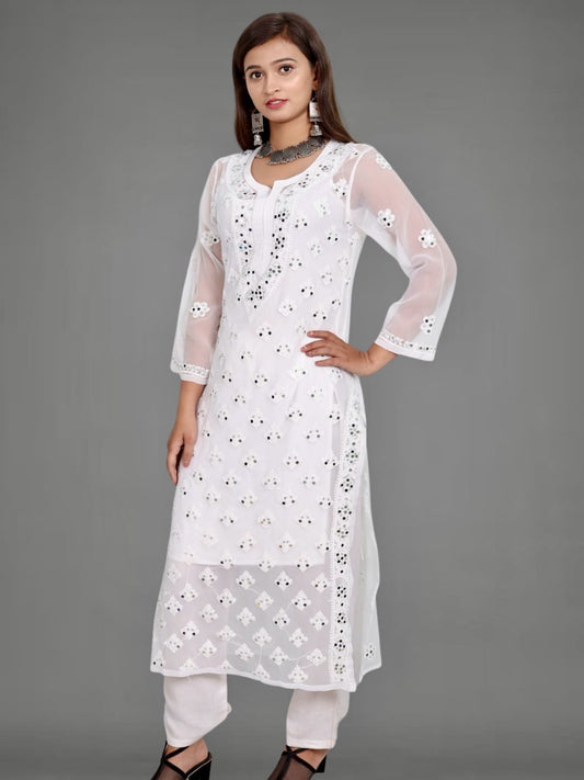 Chikankari White Booti Jaal Straight Kurti With Real Pasted Mirror Work & Matching Cotton Inner