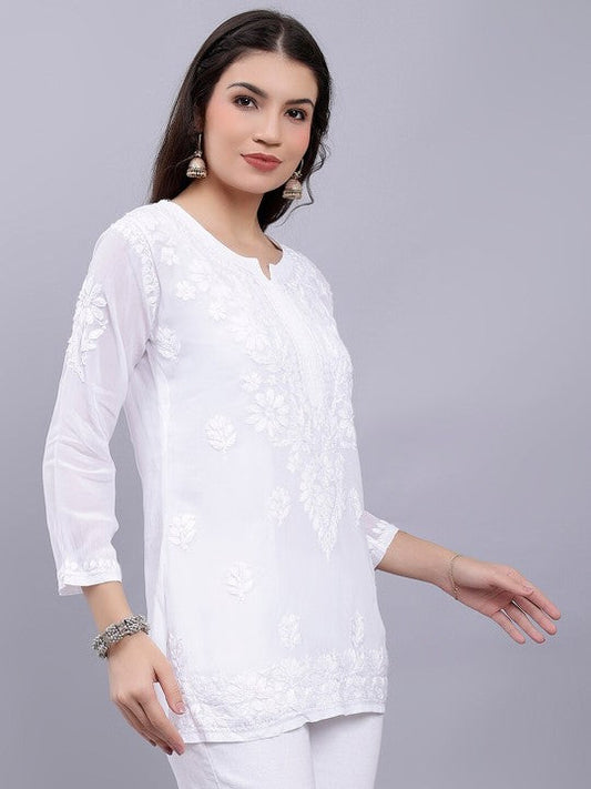 Women's Premium White Modal Chikankari Short Kurti