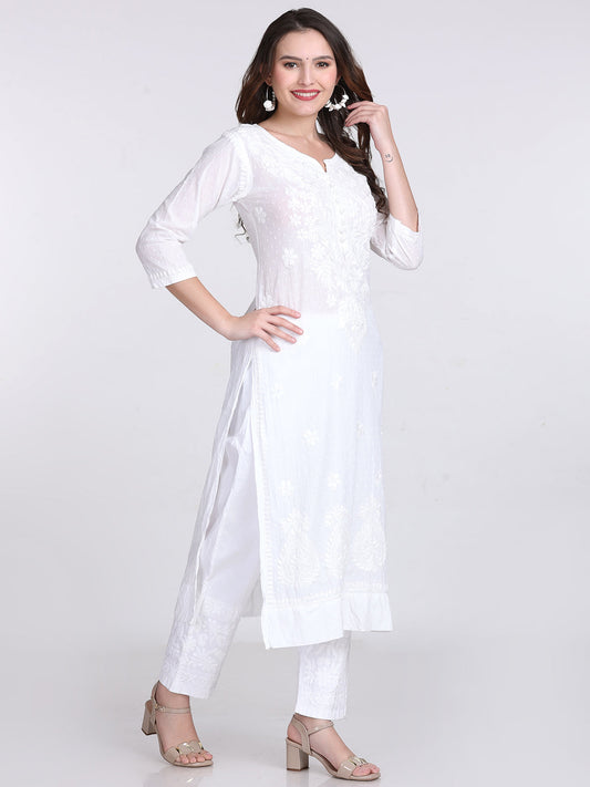 White Cotton Chikankari Kurti & Lycra Pant Set, Pockets Both Side of the Pant