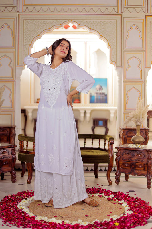 Premium Chikankari Handwork Rayon Kurta & Palazzo Set with Sparkling Muquesh Embellishments