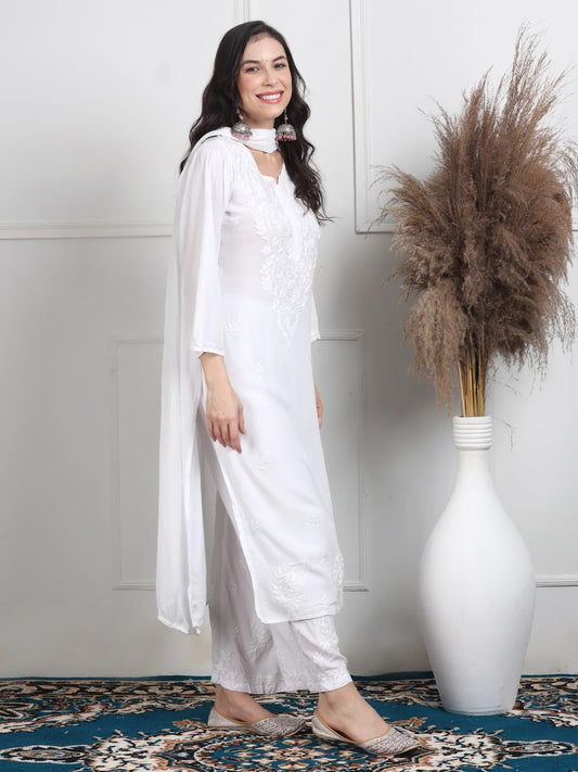 White Sophisticated Premium Rayon Chikankari Kurti, Palazzo and Dupatta Set.