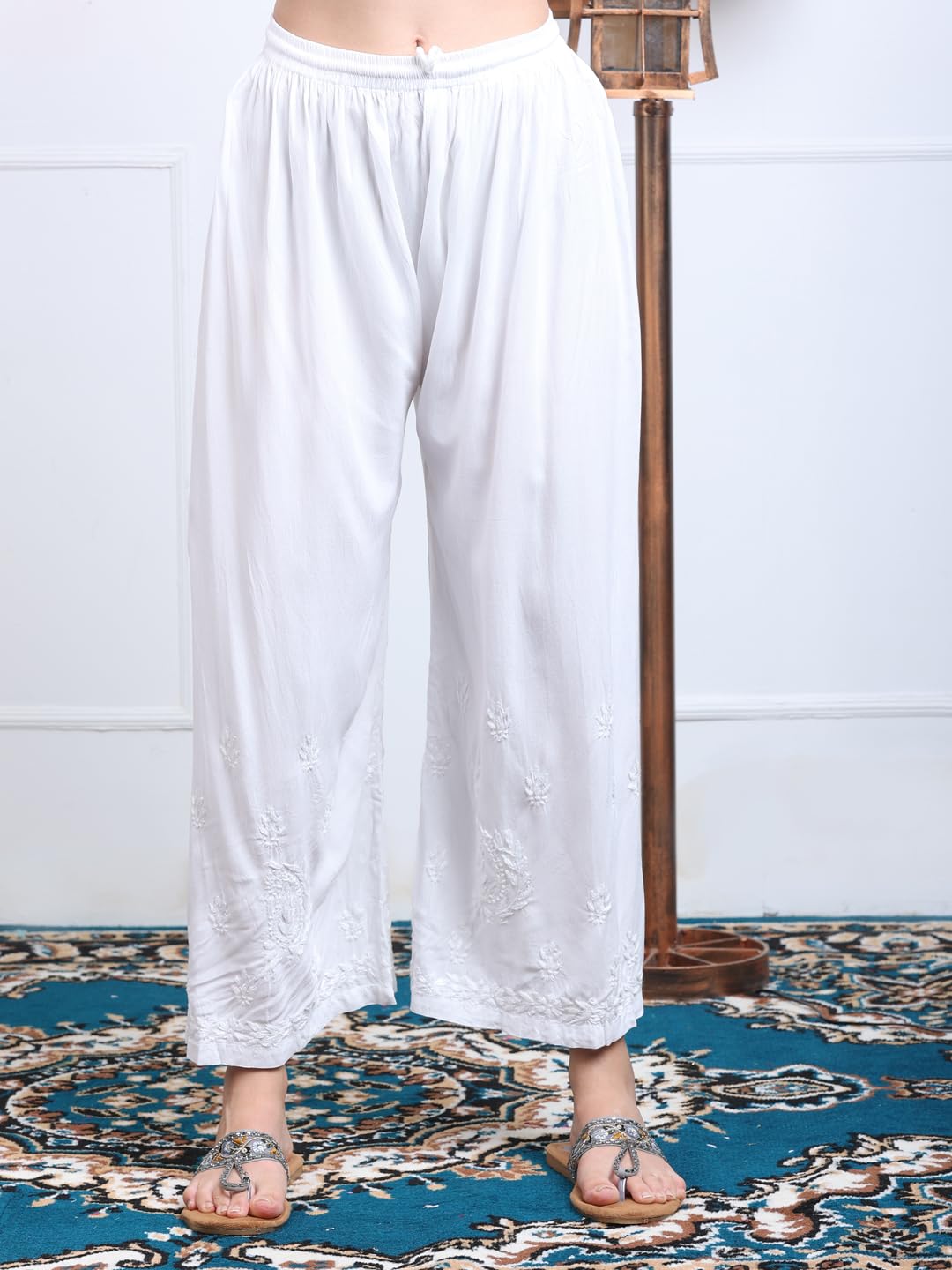 White Sophisticated Premium Rayon Chikankari Kurti, Palazzo and Dupatta Set.