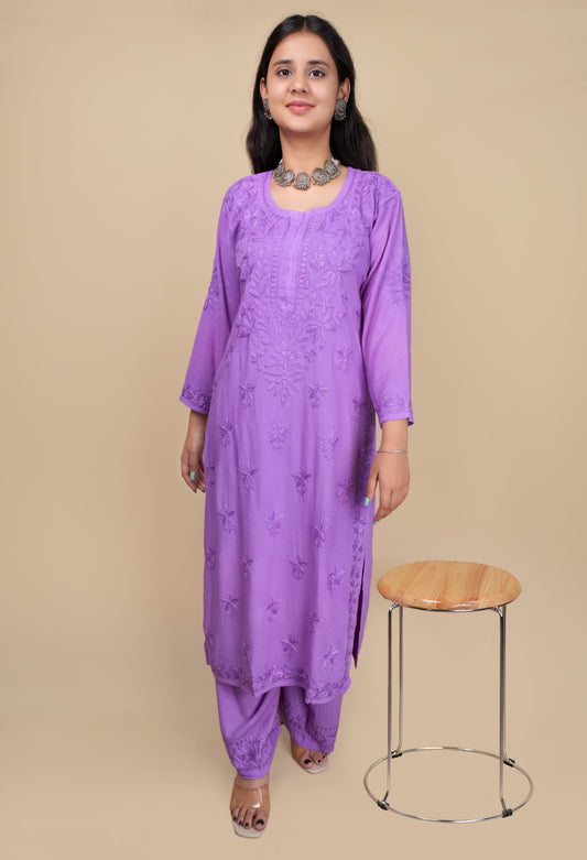 Women's Exclusive Dyed Straight Rayon Lucknowi Chikankari Kurti & Palazzo Set.