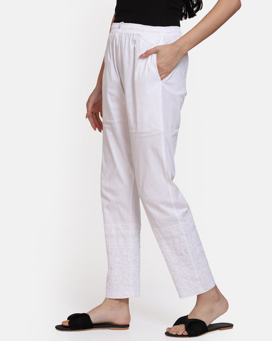 Women's Chikankari Stretchable Cotton Lycra Pants with Both Side Pockets